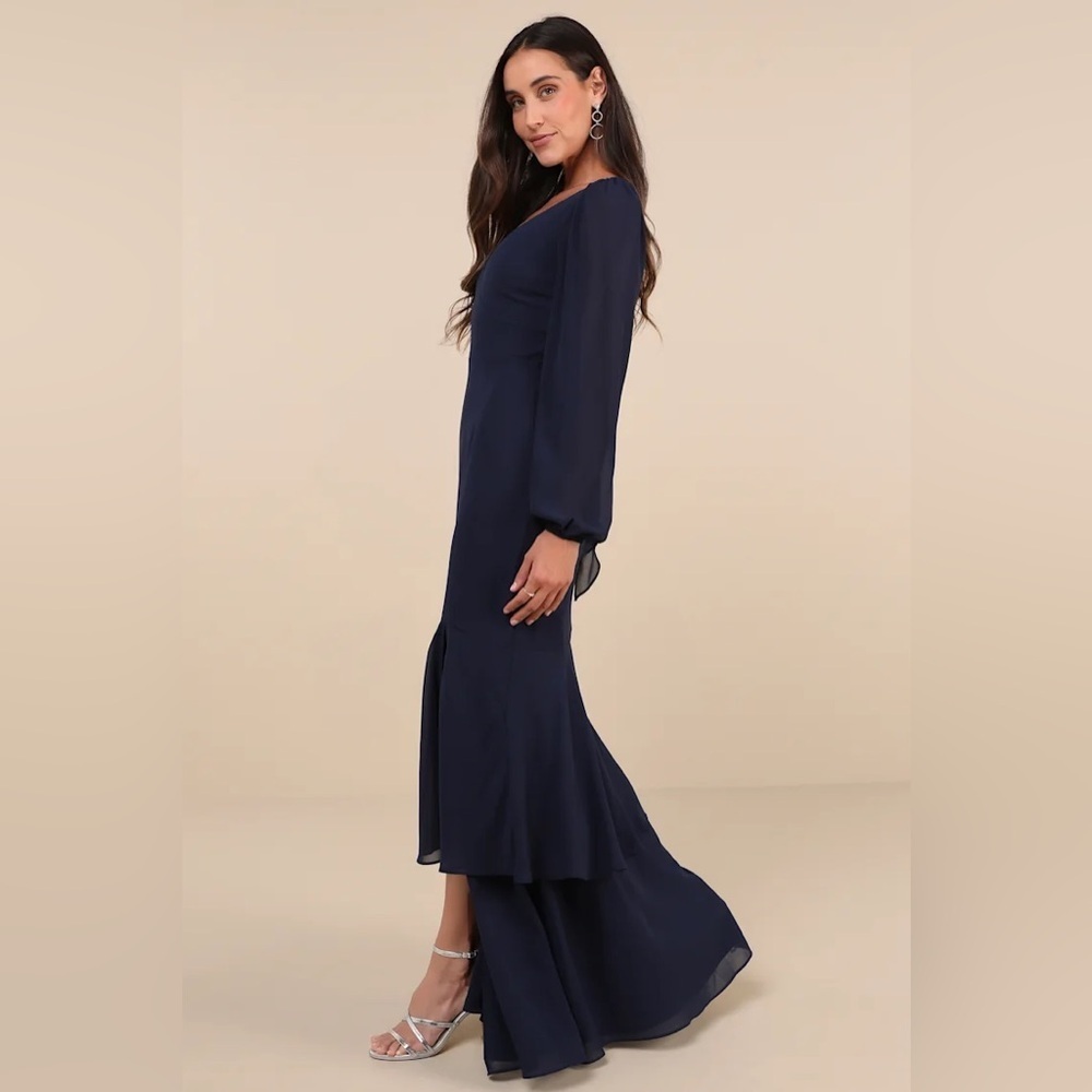 Lulus Tier Elegance Navy Long Sleeve Tiered Maxi Dress - Picture 2 of 7